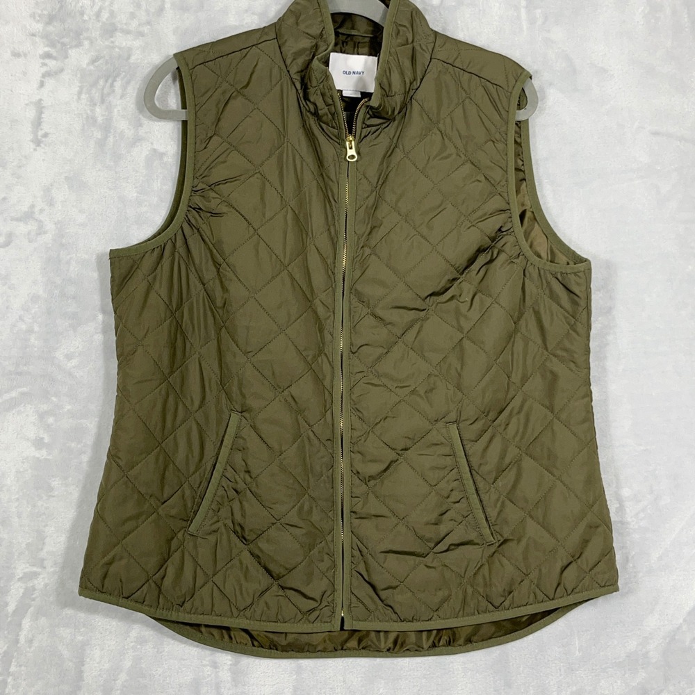 Old Navy Women Vest XL Olive Green Quilted Full Zip Mock Neck Gorpcore Utility